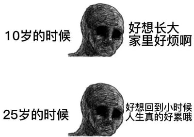 图片为上下两栏对比的图文混排梗图，上方栏左侧文字为'10岁的时候'，右侧配一张表情诡异、眼眶漆黑的素描风格人脸，旁边文字写着'好想长大 家里好烦啊'；下方栏左侧文字为'25岁的时候'，使用相同人脸图像，旁边文字写着'好想回到小时候 人生真的好累哦'。通过相同的诡异人脸和对比鲜明的文字内容，幽默又扎心地展现了不同年龄段对成长的矛盾心态：童年渴望成年逃离束缚，成年后却怀念童年的无忧无虑。