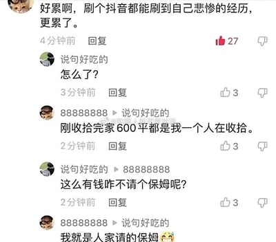 这是一个抖音评论区截图梗，对话里有人诉苦自己累，称家里600平都是自己收拾，结果被追问有钱为啥不请保姆，反转回答“我就是保姆”，自嘲身份，幽默中带点辛苦的现实味道。

最后身份反转是这类网络幽默常见套路，评论表情包也增添自嘲气氛。