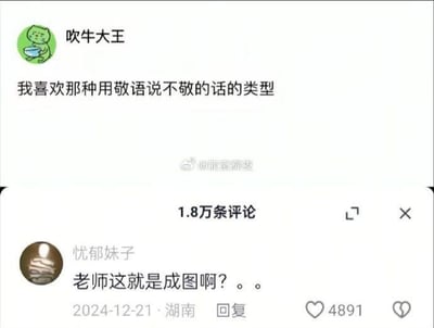 这是一张来自微博的社交媒体截图，分为上下两个区域。上半区域是用户“吹牛大王”发布的动态内容：“我喜欢那种用敬语说不敬的话的类型”，表达了对以礼貌敬语包装讽刺、不敬内容的阴阳怪气式表达的喜爱。下半区域是该动态下的热门评论，用户“忧郁妹子”于2024年12月21日在湖南发布评论：“老师这就是成图啊？。。”，这里的“成图”疑似谐音“诚徒”，暗指表面恭敬实则内心不敬的人，精准呼应了上方动态所描述的内容，形成玩梗效果。