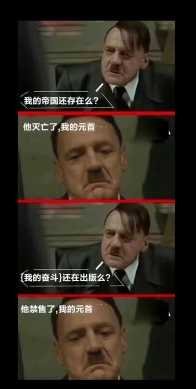 本图使用了电影《帝国的毁灭》的名场面恶搞，采用了类似职场问答的形式，第一问“我的帝国还存在么？”，得到的答案是“他灭亡了”；紧跟着又问“《我的奋斗》还在出版么？”，回答“他禁售了”。通过此梗对历史极端主义的彻底失败进行讽刺，文案冷幽默，有黑色幽默与反思色彩。

**双关暗示**：以帝国与代表性书籍遭遇失败和禁售，嘲讽极端思想和历史荒谬性。