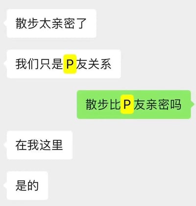 这是一张聊天记录截图，展示了一段关于亲密关系定义的幽默对话。对话内容为：
1. "散步太亲密了"
2. "我们只是P友关系"
3. "散步比P友亲密吗"
4. "在我这里"
5. "是的"

其中"P友"中的"P"字被黄色高亮显示，形成双关语。在中文网络用语中，"P友"通常指"炮友"（性伴侣）的委婉说法，而对话中故意将散步这种看似普通的活动定义为比性关系更亲密的行为，制造出荒诞幽默的效果。