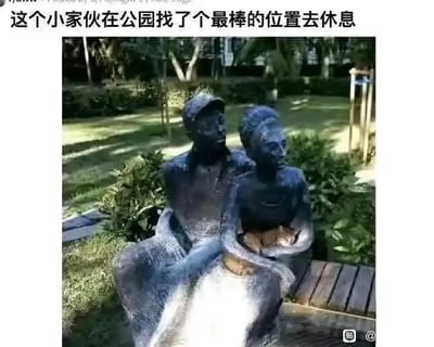 这是一张拍摄于户外公园的静态照片，画面主体是一座深色的双人相拥坐立的人物雕塑，一只猫咪正舒适地窝在雕塑中女性形象的臂弯与腿上，姿态放松惬意。图片上方配有文字“这个小家伙在公园找了个最棒的位置去休息”，以幽默的语气调侃猫咪选中了这个独特又有“安全感”的休息处，整个场景充满了生活趣味，展现出萌宠与公共艺术意外结合的温馨画面。