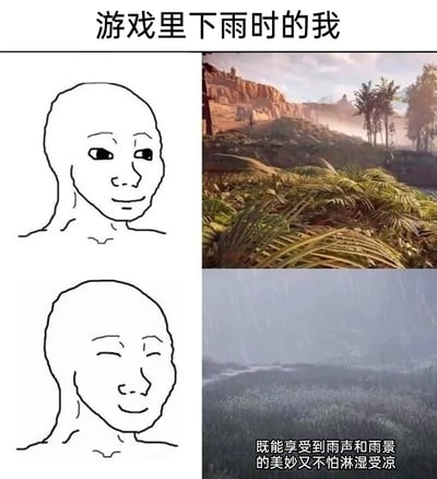 这是一张上下结构的对比梗图，用来表达玩家在游戏中体验雨天的惬意感受。上方左侧是面无表情的简笔画人物，右侧是晴朗天气下的游戏户外场景，呈现出日常游戏状态；下方左侧是双眼紧闭、一脸享受的简笔画人物，右侧是游戏中的雨天场景，搭配文字“既能享受到雨声和雨景的美妙又不怕淋湿受凉”，精准戳中玩家的心理——在游戏里可以毫无负担地沉浸在雨景氛围中，不用像现实里担心淋雨生病，只需要享受虚拟世界带来的感官愉悦。