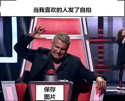 图片展示了一个选秀节目评委坐在标志性的红色转椅上，做出夸张的痛苦表情，一只手举起，身体向后仰。图片上方配有文字“当我喜欢的人发了自拍”，下方按钮位置配有文字“保存图片”。这个梗图通过夸张的肢体语言和表情，幽默地表现了当看到喜欢的人发自拍时想要立刻保存图片的激动心情。