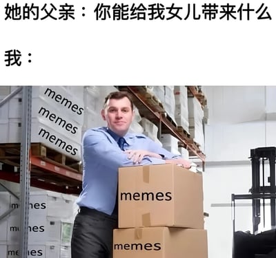这是一张幽默梗图，上方文字显示“她的父亲：你能给我女儿带来什么”，下方是“我：”并配有一张仓库场景图。图中一名穿着蓝色衬衫的男子双臂交叉，自信地倚靠在两个标有“memes”的纸箱上，背景货架上也堆满了同样标签的箱子，通过夸张的“一仓库梗图”来幽默回应父亲的问题。