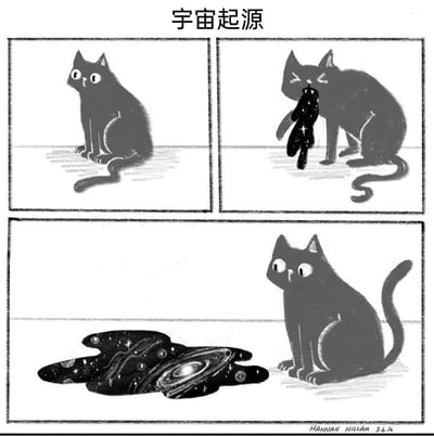 这是一幅三格连环黑白漫画，标题为“宇宙起源”。第一格中，一只黑猫睁着圆眼睛，一脸惊讶地看向自己的影子；第二格中，黑猫低头舔咬自己的影子，此时影子呈现出布满星光的宇宙质感；第三格中，原本的猫影子摊在地面上，变成了包含螺旋星系、星球、星尘的完整宇宙形态，黑猫则坐直身体，睁着错愕的大眼睛看着眼前的“宇宙”。漫画以充满脑洞的方式，将猫咪的日常行为与宇宙起源的宏大命题结合，用幽默奇幻的设定带来另类的“宇宙起源”诠释。