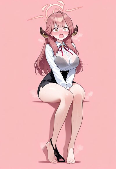 这是一张AI生成的《蔚蓝档案》角色陆八魔爱露的同人插画，画面中爱露穿着被打湿的白衬衫和黑色短裙，坐在平面上，双腿布满汗珠，一只脚的黑色丝袜滑落，脸上露出又羞又慌的表情，整个人散发着燥热的气息，呈现出十分窘迫的状态。
