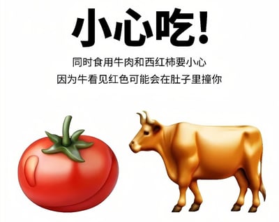 这是一张幽默梗图，上方大字写着"小心吃！"，下方文字提示"同时食用牛肉和西红柿要小心 因为牛看见红色可能会在肚子里撞你"。图片左侧是一个红色的西红柿3D插图，右侧是一头黄色的牛3D插图。这张图利用了"牛会被红色激怒"的常见误解制造笑点，暗示吃了牛肉和西红柿后，肚子里的"牛"会被西红柿的红色激怒而撞你。