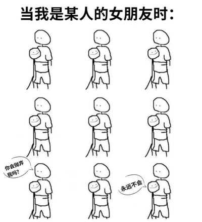 这张梗图用简笔画风格表现女生在恋爱关系中变成“木偶”、缺乏自主性的调侃，透露出恋爱中女生完全被动、工具人心态的自嘲感。漫画的后两格用气泡问答强化了“依赖与承诺”的情感，整体氛围幽默中夹杂无奈。无明显谐音梗，有强烈隐喻。