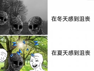 这是一张采用上下对比形式的网络梗图，上半部分呈现出萧瑟压抑的冬日场景：灰蒙的天空搭配光秃的枯树，三个面容灰暗、眼神空洞的黑色人形角色静静伫立，配文“在冬天感到沮丧”，将低落的情绪与萧瑟环境完美契合；下半部分则是明媚鲜活的夏日场景：阳光透过翠绿的枝叶洒落，蓝色蝴蝶环绕飞舞，两个白色的人形角色开怀大笑、神情愉悦，唯有黑色人形角色依旧保持着空洞沮丧的神情，配文“在夏天感到沮丧”。整幅图通过环境氛围与角色状态的强烈反差，生动表现出沮丧情绪不受外界积极环境影响的状态，用幽默的方式调侃持续性低落的情绪。