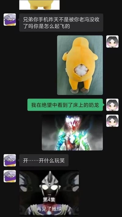 这是一张社交软件聊天记录截图，内容为两人的趣味玩梗对话：左侧头像为紫色卡通形象的用户询问对方，手机昨天刚被家长老冯没收，怎么还能上网“起飞”；右侧头像为卡通女生的用户首先发出一张背面屁股位置破损、露出内部白色棉花的黄色奶龙毛绒玩具实拍图，回复称“我在绝望中看到了床上的奶龙”，随后又发出一张周身散发特效光芒的布莱泽奥特曼图片，用脑洞玩梗的方式暗指奶龙露出的棉花是“流量”，自己靠奶龙的“流量”实现了上网；左侧用户见状十分震惊，回复“开……开什么玩笑”，最后发出一张配有“第4集 再见了地球”字幕的迪迦奥特曼截图，表达自己被对方离谱的脑洞操作震撼到的心情。
