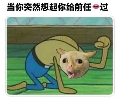 图片上方配有文字“当你突然想起你给前任💋过”，下方是一张经过P图改编的图片：一个卡通人物（疑似《海绵宝宝》中的派大星）的身体，头部被替换成一张表情震惊的猫脸，猫咪嘴巴张开，眼神瞪大，身体呈现弯曲、单手握拳的姿态，整体传达出突然回忆起与前任亲密行为时的惊讶、懊悔或尴尬情绪。