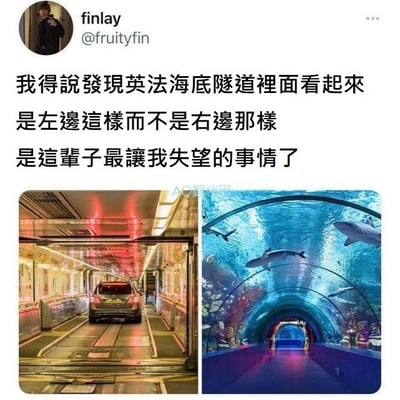 这是X平台（原推特）用户finlay发布的吐槽类梗图，通过左右对比的方式呈现了现实与想象的强烈反差：左侧是真实的英法海底隧道内部，是供车辆通行的普通封闭通道，毫无新奇感；右侧是大众想象中类似水族馆的海底隧道，有鲨鱼等海洋生物环绕，充满趣味。用户配文表示发现真实的英法海底隧道是左边的样子，是这辈子最失望的事情，用这种夸张的吐槽制造搞笑效果。