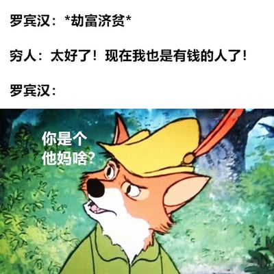 图片上半部分为三段对话文字，分别是罗宾汉宣称‘劫富济贫’，穷人开心表示自己变有钱，罗宾汉的回应留白。下半部分是动画《罗宾汉》中的狐狸罗宾汉角色，表情疑惑，侧头询问，旁边配有文字‘你是个他妈啥？’，通过角色经典形象与颠覆性台词形成幽默反差效果。