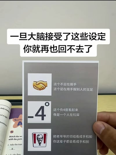 整张图为网络流传的搞笑梗图，顶部配有白色气泡框的文字“一旦大脑接受了这些设定 你就再也回不去了”，下方是灰色背景的卡片内容，共列出三个常见符号的奇葩脑洞解读：第一个是经典的握手emoji，配文称其不是握手是用手握别人的玉足；第二个是-4℃的温度标识，配文称看起来像是一个人在拉屎；第三个是肯德基的山德士上校品牌logo，配文称把他的领结看成手和脚之后就再也改不过来。图中可见一只手正举着这张打印好的梗图卡片，背景露出摊开的英语练习册页面，整体是利用视觉联想制造笑点的趣味内容。