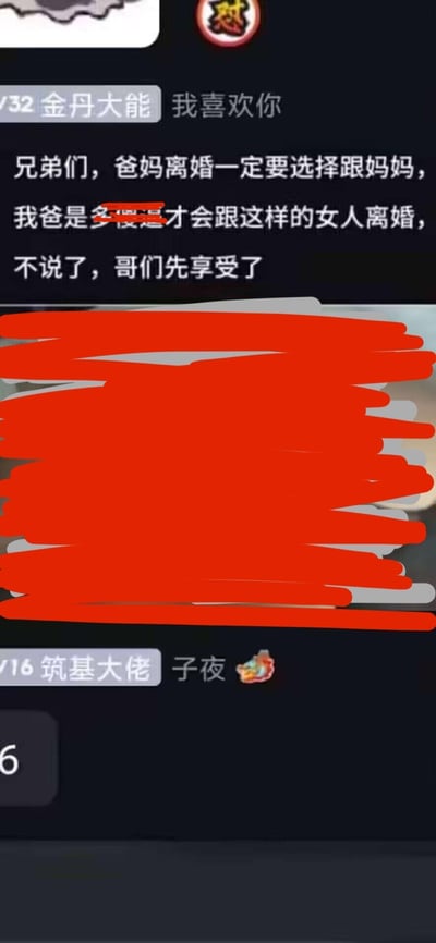 这是一张带有修仙等级头衔的社群聊天记录截图，用户「金丹大能」先发布了一句「我喜欢你」，随后又发布了一段低俗擦边的发言：「兄弟们，爸妈离婚一定要选择跟妈妈，我爸是多傻逼才会跟这样的女人离婚，不说了，哥们先享受了」，发言暗示违背伦理的不当内容，属于低俗擦边的离谱言论，截图中间部分内容被红色涂抹遮挡，下方还显示了另一位带有「筑基大佬」头衔的用户「子夜」的标识。