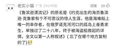 这是一张来自未知社交平台的评论截图，IP显示为广东，由用户“老实小猫”在23小时前发布，该评论获得了22个点赞。用户在评论中分享了长篇小说《鲁滨逊漂流记》的超长原名，原名详细概括了小说核心剧情：鲁滨逊作为海难幸存者在孤岛独自求生二十八年最终被救，且说明小说以第一人称叙述，最后用户备注自己忘记了内容的复制来源，并附带了一个搞怪的斜眼猫表情。