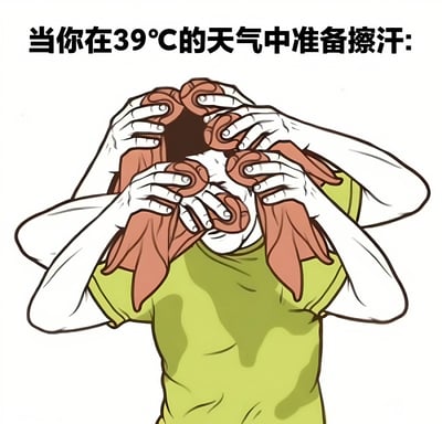 这是一张幽默风格的卡通插画，描绘了一个人在39°C高温天气中擦汗的夸张场景。图中人物穿着绿色T恤，头部被多只手从各个方向包围，每只手都拿着一块棕色的毛巾或纸巾，试图同时擦拭脸上的汗水。这种夸张的表现手法生动地展现了在极端高温天气下人们大量出汗、急需降温的狼狈状态，通过视觉上的幽默效果引发观者共鸣。