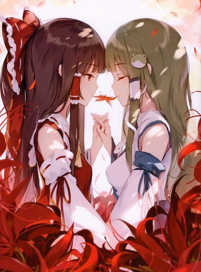 这是一幅《东方Project》的同人插画，画面中博丽神社的巫女博丽灵梦与守矢神社的东风谷早苗置身于成片的红色彼岸花（曼珠沙华）中，两人面对面十指相扣，氛围温柔缱绻。暖橙色的背景与飘落的红叶，搭配鲜红的彼岸花，为两人之间的情谊增添了浓烈又细腻的暧昧感，整体画风精致柔和，充满了ACGN作品特有的细腻情感表达。