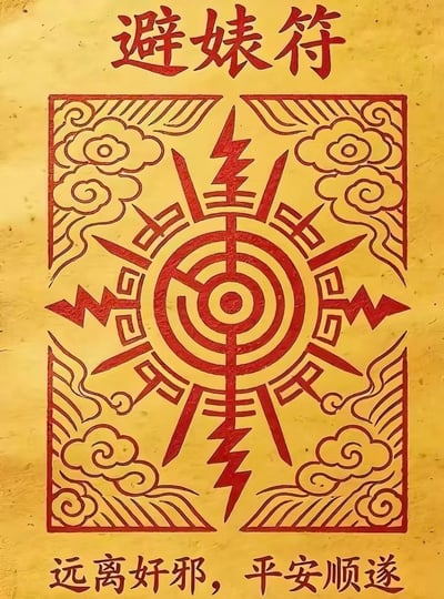这是一张趣味网络创作图，模仿中国传统道教符箓的黄底红纹样式进行设计，顶部醒目标注“避婊符”字样，中间主体是融合了闪电、回纹元素的抽象符箓纹样，图案四周搭配中式传统祥云纹饰装饰，底部配有祈福文字“远离奸邪，平安顺遂”，用调侃的方式表达希望远离品行不端的人、生活平安顺利的诉求，多用于社交平台抒发想要避开糟心人事物的情绪。