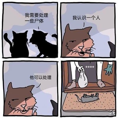 这是一幅四格搞笑漫画，第一格中一只黑猫表情严肃地对棕猫表示自己需要处理一些尸体；第二格棕猫回应称自己认识一个人；第三格棕猫补充说明这个人可以处理尸体；第四格画面揭晓答案，场景转到室内，一个人类站在柜子上，手里提着袋子，柜子下方的地面上躺着一只老鼠的尸体，原来黑猫所说的“尸体”就是这只被猫捕获的老鼠，而棕猫口中能处理尸体的人就是人类，用拟人的黑帮语境包装猫处理猎物尸体的日常行为，通过反差感制造幽默效果，讽刺又搞笑地展现了猫的视角。