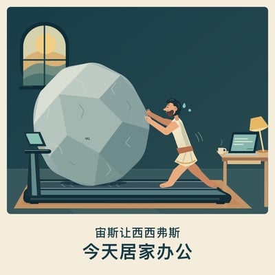 图片采用扁平化矢量插画风格，描绘了古希腊神话人物西西弗斯在现代居家环境中受罚的场景。西西弗斯穿着古希腊长袍，赤脚站在一台家用跑步机上，身体前倾，双手奋力推着一块巨大的多面体石头。石头表面刻有无限符号“∞”，跑步机的跑带上也印有向前的箭头，暗示石头虽然在用力推动，但实际上随着跑步机履带不断向后滚动，永远停留在原地，形成无限循环的苦役。西西弗斯额头旁挂着汗珠，显得十分疲惫。画面左侧是一扇拱形窗户，窗外可见太阳和远山；右侧是一张木质书桌，桌上摆放着一台打开的笔记本电脑、一杯冒着热气的咖啡和一盏台灯，充满居家办公的氛围。图片下方配有两行深绿色中文文字：“宙斯让西西弗斯 / 今天居家办公”。这幅漫画通过神话与现代生活的结合，幽默且讽刺地将居家办公比作一种永无止境、原地打转的惩罚，反映了当代打工人在工作与生活界限模糊时的疲惫与无奈。