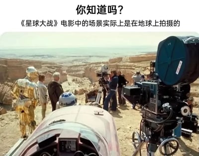 这张《星球大战》幕后照片展示了电影中经典外星荒漠场景的拍摄现场——原来这些充满未来感的星际画面竟是在地球上的沙漠中取景！画面中央，金色机器人C-3PO和蓝色圆顶机器人R2-D2站在红褐色的峡谷地貌中，周围环绕着忙碌的电影工作人员和大型摄影设备，远处是一望无际的戈壁景观，完美复刻了电影中的异域星球氛围。图片上方的文字‘你知道吗？《星球大战》电影中的场景实际上是在地球上拍摄的’则直接点出了这个让影迷惊讶的幕后冷知识，展现了电影拍摄的奇妙反差。