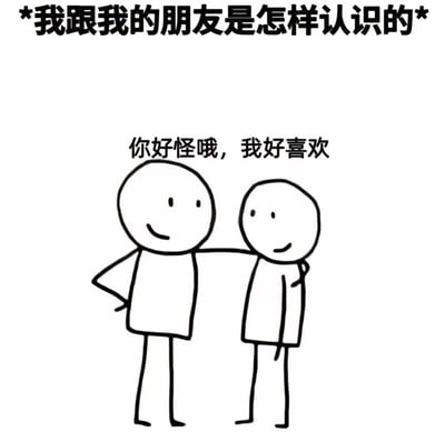 这是一张描绘友谊相识场景的卡通梗图。画面中有两个简笔画风格的 stick figure 人物，左侧人物左手叉腰，右手搭在右侧人物肩上，两人均面带微笑。图片顶部文字为“*我跟我的朋友是怎样认识的*”，人物下方配有文字“你好怪哦，我好喜欢”，通过幽默的方式展现了朋友间因独特个性相互吸引而结识的温馨场景。