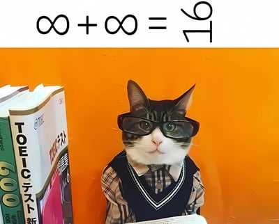 一只戴着黑框眼镜、穿着格子衬衫和黑色背心的猫，站在橙色背景前，旁边放着几本学习书籍，包括TOEIC相关教材。图片上方有一个数学公式：∞ + ∞ = 9/1，制造出一种幽默的反差效果。
