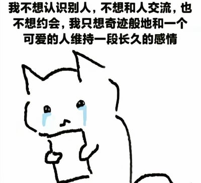 图片上方为黑色文字：'我不想认识别人，不想和人交流，也不想约会，我只想奇迹般地和一个可爱的人维持一段长久的感情'，下方是一幅简笔画风格的卡通猫，双眼流出蓝色泪水，身体微微前倾，双手捧着一个长方形物品（疑似手机或书本），整体画面通过文字与形象结合，生动展现了一种既回避社交又渴望亲密关系的矛盾心理。