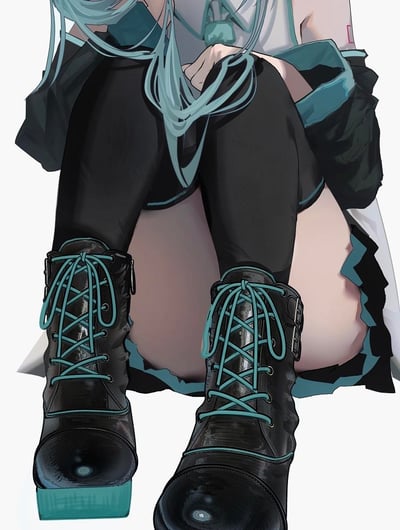 这是一张聚焦虚拟歌手初音未来下半身的AI生成插画，画面展示了她身着黑色过膝袜、搭配带有湖蓝色鞋带的黑色亮面马丁靴的造型，标志性的湖蓝色长发垂落在腿部，服饰的材质纹理刻画精致，整体呈现出兼具写实感与二次元风格的视觉效果，角色呈坐姿，腿部向前伸展。