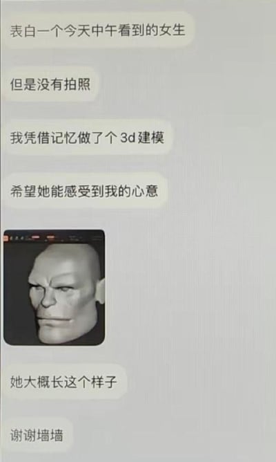 这是一张表白墙投稿的聊天记录截图，投稿人称自己中午偶遇了一名心动女生但没有拍照，便凭借记忆制作了3D建模还原女生样貌，希望通过投稿让女生感受到自己的心意，其附上的3D建模是一个脸型硬朗、眉眼粗犷的光头男性化形象，和常规女性样貌反差极大，形成了荒诞搞笑的效果。
