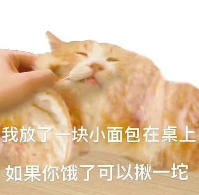 图片中一只橘猫呈现出极度放松的状态，双眼紧闭，嘴巴微张，似乎在享受被抚摸的快感。猫咪的身体部分与面包的纹理巧妙融合，形成一种视觉上的趣味联想。图片下方配有文字：“我放了一块小面包在桌上 如果你饿了可以揪一坨”，通过将猫咪比作柔软的面包，营造出幽默诙谐的效果，让人会心一笑。