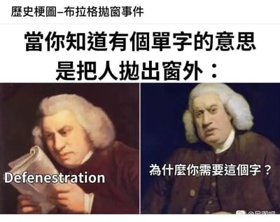 这是一张左右分栏的静态梗图，主题围绕布拉格抛窗事件与英文单词“Defenestration”展开。顶部配有文字“当你知道有个单字的意思是把人抛出窗外：”，引出核心内容。左侧图中是英国作家塞缪尔·约翰逊的肖像改编，人物手持纸张，下方标注英文单词“Defenestration”，该单词的含义正是“将人抛出窗外”，对应布拉格抛窗事件的核心行为；右侧图中是同一人物的肖像，人物露出疑惑的神情，配文“为什么你需要这个字？”，通过这种日常的疑惑感制造笑点，调侃这个专门用于描述特定历史行为的生僻单词显得多余，用生活化的吐槽消解了历史相关单词的严肃性，形成幽默效果。