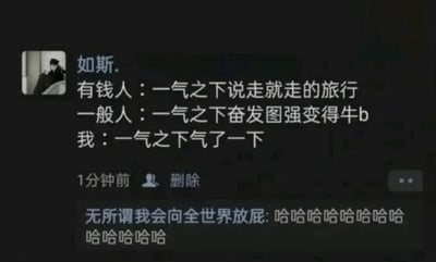 这是一张来自社交平台的搞笑评论截图，对比了有钱人、普通人与自己在“一气之下”时的不同反应。有钱人会选择说走就走的旅行，普通人会努力让自己变强，而自己只是单纯地生了个气，啥也没做，展现了幽默又自嘲的废柴气质。底部评论“哈哈哈哈哈”助推气氛轻松搞笑，常见于朋友之间分享或社交圈自我解嘲。没有双关和谐音梗，属于网络幽默自嘲流。
