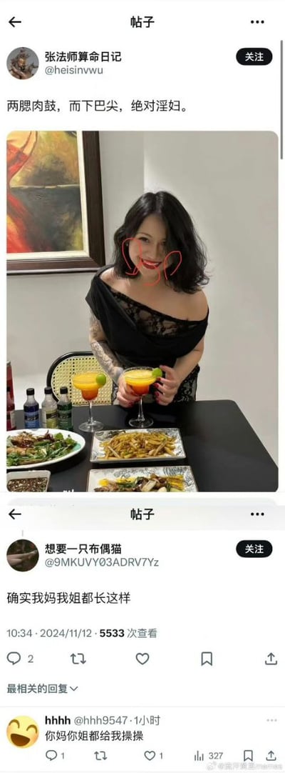 该图是两条社交平台帖子的上下拼接截图，上方帖子由账号“张法师算命日记”发布，发布者用毫无科学依据的封建迷信面相说法，恶意污蔑“两腮肉鼓、下巴尖的女性是淫妇”，搭配的配图是一位留黑色卷发、穿黑色露肩上衣的女士站在摆放了多道菜肴、饮品的餐桌前微笑的画面，发布者还特意用红色线条在图中女士的两腮位置做了标注；下方帖子是账号“想要一只布偶猫”发布的回应，配文“确实我妈我姐都长这样”，用反讽的方式有力驳斥了前者的荒谬歧视言论，该条回应帖的下方还出现了其他账号发布的低俗恶意回复内容，体现了部分网络言论的恶意性。