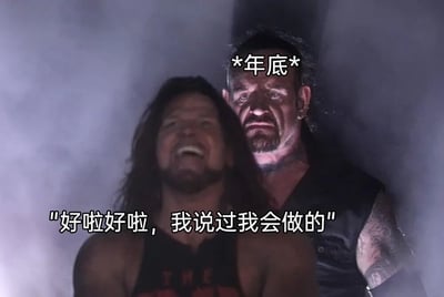 图片中展示了两位WWE著名摔跤选手，前方是肖恩·迈克尔斯，他留着长发，面带夸张的笑容，似乎在开怀大笑。后方是送葬者，他表情严肃，眼神锐利地注视着前方。图片上方有文字“*年底*”，下方有文字“好啦好啦，我说过我会做的”。这张图片通过幽默的方式展现了年底时人们面对任务压力的情景，前方人物代表拖延的自己，后方严肃的人物则象征着年底各种任务和压力的催促。
