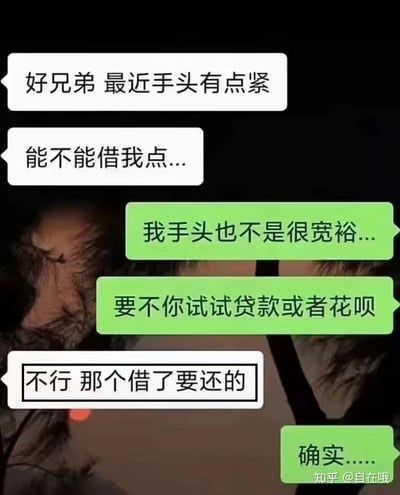 这是一张融合了聊天记录与背景图的搞笑梗图，采用微信类聊天界面样式，背景为模糊的人物实拍图。对话内容为：一方以手头紧为由向好友借钱，好友表示自身经济也不宽裕，建议对方使用贷款或者花呗借款，借钱的一方回复“不行 那个借了要还的”，最后被借钱的一方只能无语回复“确实……”。该梗图的笑点在于借钱者的发言暴露了其向朋友借钱的真实目的是想要不用还钱的占便宜心态，逻辑荒诞离谱，充满讽刺效果。