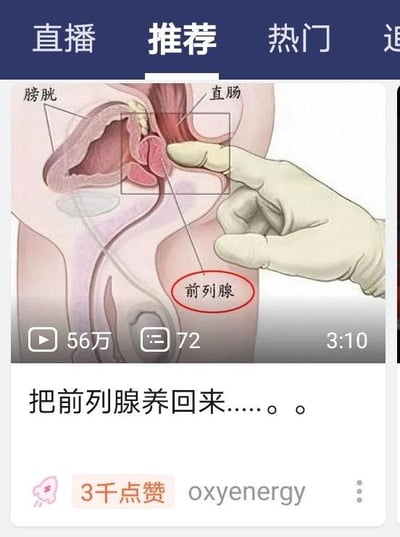 这是一张国内短视频平台的视频截图，界面顶部有“直播”“推荐”“热门”的导航栏，视频画面是男性盆腔器官的医学解剖示意图，清晰标注出膀胱、直肠、前列腺的位置，还有一只戴着医用手套的手指指向前列腺区域，直观展示前列腺的位置。视频下方显示该视频播放量达56万、评论72条、时长3分10秒，视频配文为“把前列腺养回来……。。”，该内容获得3千点赞，发布者账号为“oxyenergy”。这是一条面向男性群体的前列腺养护科普内容，无谐音梗、双关或暗示类内容。