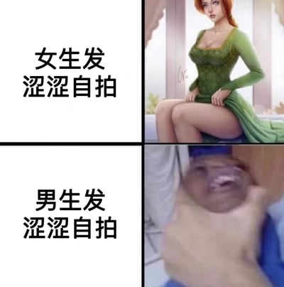 这是一张对比图，展示了女生和男生在发'涩涩自拍'时的差异。左上角文字'女生发涩涩自拍'对应右上角的卡通风格女性角色，她穿着绿色连衣裙，姿态优雅性感；左下角文字'男生发涩涩自拍'对应右下角的真人自拍特写，表情夸张滑稽。通过鲜明对比制造幽默效果，调侃男女在自拍风格上的差异。