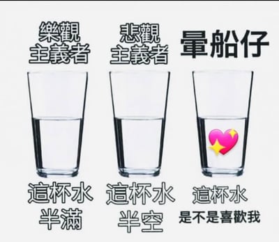 一张展示三种不同人生态度看待同一杯水平的对比图。左侧为乐观主义者视角，认为"这杯水半满"；中间为悲观主义者视角，认为"这杯水半空"；右侧为"量船仔"（粤语中形容过度浪漫或自作多情的人）视角，配文"这杯水是不是喜欢我"并在水中加入爱心图案，形成幽默对比。