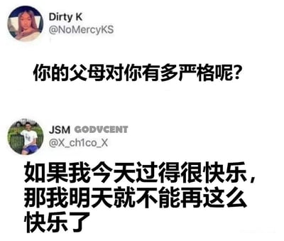 图片为社交媒体对话截图，上方用户Dirty K（@NoMercyKS）发布提问“你的父母对你有多严格呢？”，下方用户JSM GODVCENT（@X_ch1co_X）以幽默口吻回应“如果我今天过得很快乐，那我明天就不能再这么快乐了”，用夸张方式调侃父母严格管教下孩子难以拥有连续快乐的无奈场景。