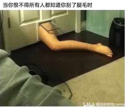 这是一张充满趣味的网络梗图，画面呈现一条刮净腿毛的光滑腿部，从房间门的信件投递口处伸出来，横放在地面上。图上的配文精准点出了场景的内涵，用这种夸张、无厘头的方式，生动调侃了人们刚刮完腿毛后，内心那种想要向他人展示自己光滑腿部的小炫耀心态，整体氛围轻松搞笑，贴合日常的小情绪。