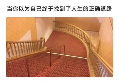 这是一张扎心的吐槽梗图，顶部配有文字“当你以为自己终于找到了人生的正确道路”，下方是一张利用视觉错位拍摄的楼梯照片：铺着红色花纹地毯的楼梯，通过视角错觉让上方的楼梯看起来是一条可以通行的道路，但实际走到尽头会发现被栏杆完全挡住，是一条死路。这张图用视觉化的方式精准隐喻了人生中常见的困境：当你满怀欣喜找到方向，以为能顺利前行时，却发现前方是没有出路的绝境，完美传递出那种希望落空的无奈与挫败感，无谐音或双关梗，仅依靠视觉错位与文字的结合传递情绪。