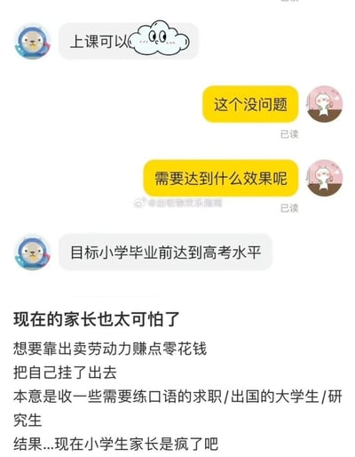 这是一张结合聊天记录与吐槽文字的图文内容，一位想靠接口语辅导赚零花钱的人，原本计划招收求职、出国的大学生或研究生当学员，却遇到一位提出离谱要求的家长：要让孩子在小学毕业前达到高考水平。发布者随后配上吐槽文字“现在的家长也太可怕了”，讽刺了当下部分家长过度焦虑、对孩子教育提出不切实际要求的教育内卷现象。