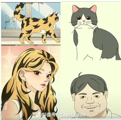 这是一组猫咪拟人化的趣味创作图，采用四格拼接的形式呈现：左上是一只在窗台上行走的玳瑁猫，它黄黑相间的毛色与左下女生的同款发色发型完全对应，女生有着温柔的神态，面带红晕侧头看向一侧；右上是一只灰白配色的猫咪，它的毛色对应右下男生的同款发色发型，男生咧嘴露出牙齿微笑。图中左上角猫咪的上方有文字“你冷静一下吧”，图片底部偏左带有抖音创作者的水印，整体将猫咪的外观特征与人物形象结合，完成了动物到人物的趣味拟人化设计。
