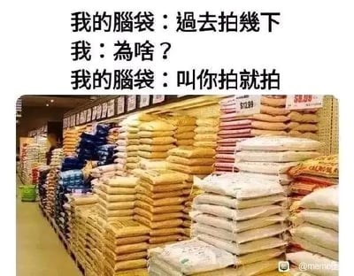 这是一张顶配底文的搞笑梗图，上方是三段模拟“我”与“我的脑袋”的对话文字：脑袋让“我”过去拍它几下，“我”询问原因，脑袋只要求“我”照做。下方配图为超市货架区域，各类米袋、粮食袋被堆叠成类似人类大脑的形状，呼应文字中的“脑袋”。该图利用“拍脑袋”（日常指临时思考、想出主意的动作）的行为，结合“粮食脑袋”的视觉呈现，调侃自己脑袋里没什么想法，像装满了粮食一样，需要拍脑袋来试图挤出想法，充满幽默的脑洞创意。