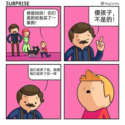 这是一幅四格卡通连环漫画，标题为“SURPRISE”。第一格中，金发小男孩蹲在一只黑白相间的小狗身旁，兴奋地对站在一旁的爸爸妈妈喊话，以为父母是特意为自己买了这条狗；第二格中，留着胡子的爸爸笑着竖起一根手指，纠正孩子的说法；第三格中，爸爸带着温和的表情告诉孩子，他们并没有买狗，而是收养了这只小狗，就像当初收养孩子一样；第四格中，小男孩得知自己是被收养的真相后，瞬间露出震惊、不敢置信的呆滞表情，漫画以这种冷幽默的反转，制造出意料之外的笑点。