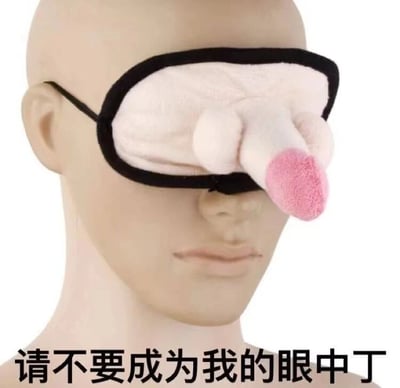 图片中展示了一个人体模型头部，佩戴着一款白色毛绒材质、黑色边框的睡眠眼罩。眼罩的独特之处在于其正面有一个立体的、毛绒质感的鼻子造型，鼻头部分为粉色。图片底部配有黑色文字：“请不要成为我的眼中丁”。该图通过眼罩上突出的鼻子造型与文字“眼中丁”（比喻令人厌恶的人或事）形成视觉双关，营造出幽默搞笑的效果，暗指不希望他人成为自己视线中的“刺”。