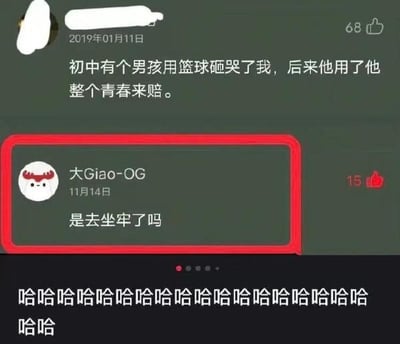 这是一张社交媒体评论区的截图，上方的评论原本试图营造青春浪漫的叙事氛围：“初中有个男孩用篮球砸哭了我，后来他用了他整个青春来赔。”，通常这类表述是指男孩用青春时光来追求、弥补对方，结果下方用户“大Giao-OG”跳出常规浪漫解读，用一句“是去坐牢了吗”制造出强烈的反差笑点，将原本的青春叙事扭转为搞笑的“犯罪赔偿”视角，图底部的一串“哈哈哈哈”也进一步烘托了爆笑的氛围，让整个评论互动充满了意外的喜剧效果。